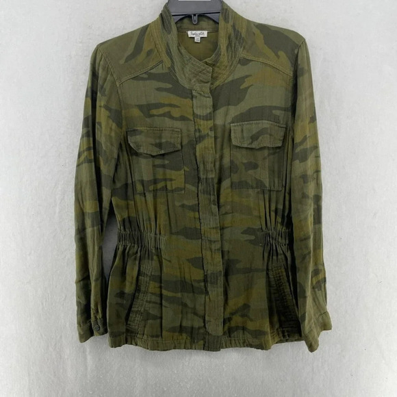 Splendid Parka Jacket Women Sz S Green Camouflage Full-Zip Snap Pockets Military - Picture 1 of 12